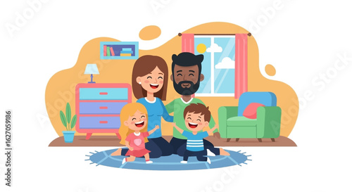 A joyful diverse family illustration depicts parents and their two children happily bonding in a cozy home living room, symbolizing love and togetherness.