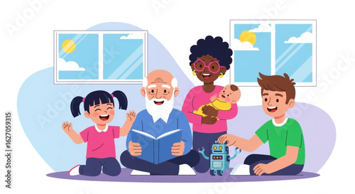 A diverse multi-generational family enjoys quality time together at home, with a grandfather reading, a mother holding her baby, and children playing happily.