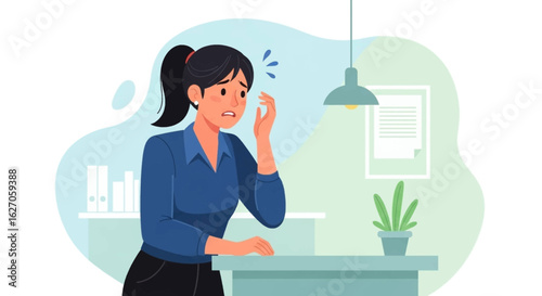 A stressed businesswoman experiences discomfort and eye strain from a bright office light, illustrating the challenges of a demanding work environment.