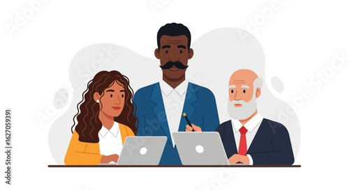 Diverse business professionals, including men and women of various ages and backgrounds, actively collaborate on laptops during a productive meeting.