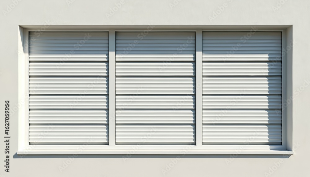 Fototapeta premium Modern white window with horizontal louvers offers privacy, light, ventilation. Clean, minimalist design suits contemporary architecture, building facades. Window frame simple, enhancing overall