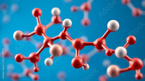 3d rendering of the chemical structure with molecules on blue background, macro view, close-up.
