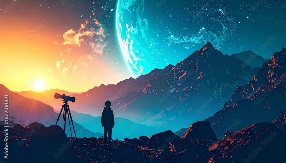 Fototapeta premium a small child who is interested in learning about outer space using binoculars and a globe 52