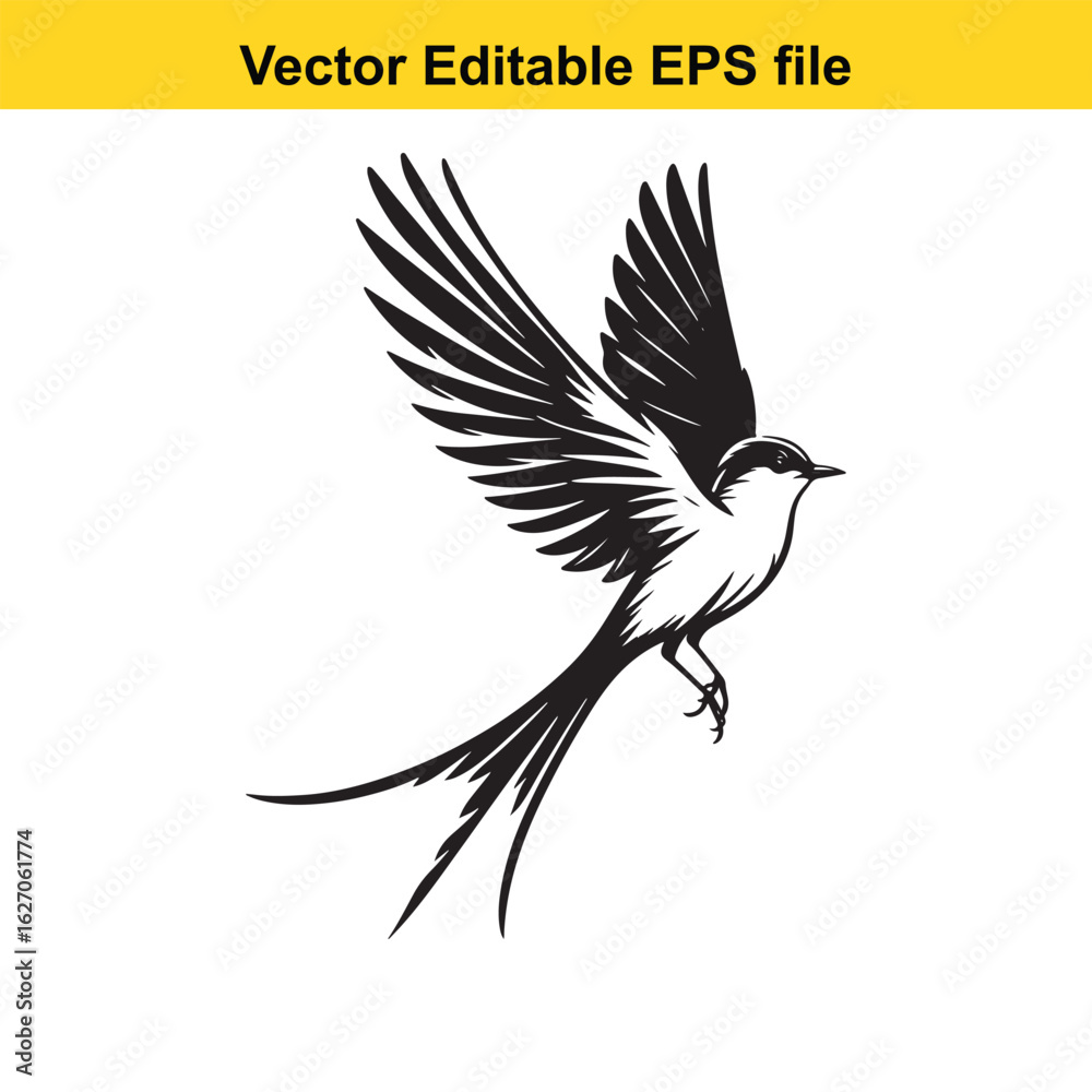 Fototapeta premium Vector art of black and white sketch of a small bird in flight with long tail feathers long horn, , long horn