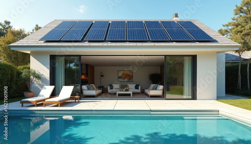 Modern house facade with solar panels on roof, powering heated swimming pool. Energy-efficient design, solar energy integration, luxury amenities, eco-friendly living emphasized. Home exterior with