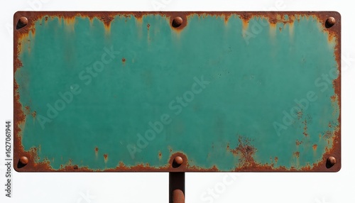 Weathered green metal sign with rusted pole against white background. Rectangular plate shows grunge texture, aged patina, corroded iron surface. Blank template ideal for design, information, retro