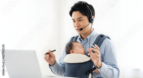 A young Asian man wearing a headset and carrying a baby in a baby carrier, working on a laptop in a bright, well-lit office with a white background.
