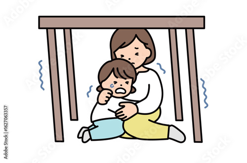 地震で机の下に避難する親子のイラスト素材