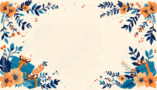 An elegant vintage floral frame design featuring orange and blue flowers, graceful leaves, and festive gift boxes, ideal for birthday greetings and celebrations.