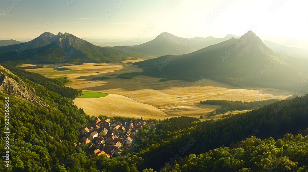 Obraz premium Stunning aerial view of a picturesque village nestled in a valley between majestic mountains.
