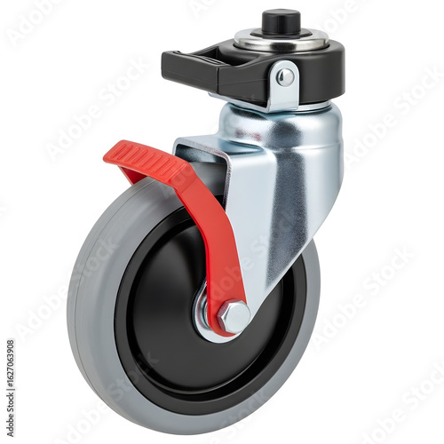 An industrial swivel caster wheel with a grey rubber tire, red foot brake, and a black swivel lock on a metal frame.