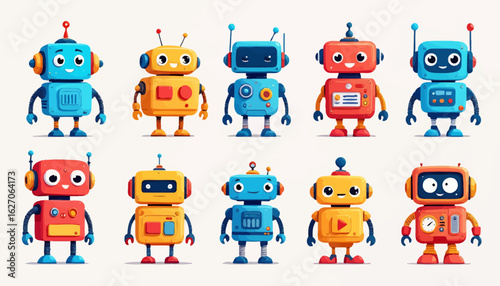 A playful collection of diverse cartoon robots, each with unique designs and vibrant colors, presented as vector graphics suitable for various digital applications.