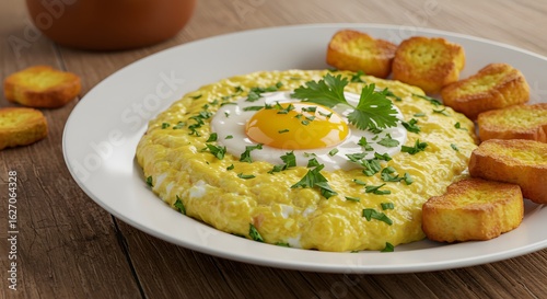 Wallpaper Mural "Creamy Scrambled Eggs with Fried Bread and Fresh Herbs on Rustic Plate" Torontodigital.ca