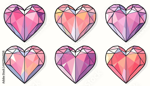 A set of vector illustrations showcases geometric heart designs in various pastel color palettes, perfect for Valentine's Day or expressing love and affection.