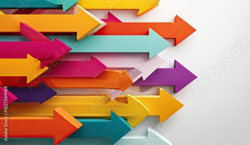 Colorful arrows pointing upward, layered and overlapping, creating a dynamic, forward-moving visual