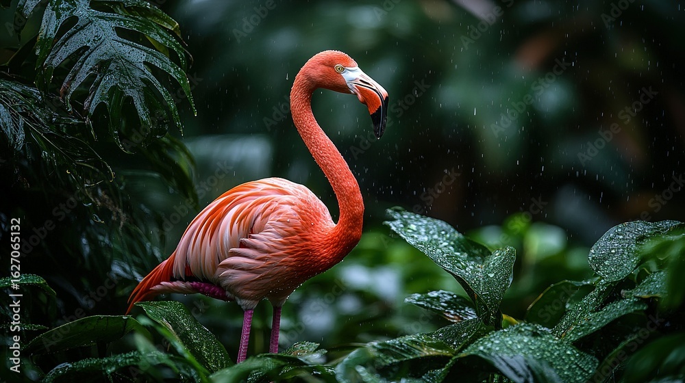 Fototapeta premium Elegant Flamingo in Rain: Lush Greenery, Vibrant Colors, Serene Atmosphere.