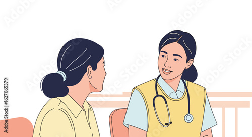 An illustration depicts a caring female doctor with a stethoscope discussing health concerns with a female patient in a medical consultation setting, promoting wellness.