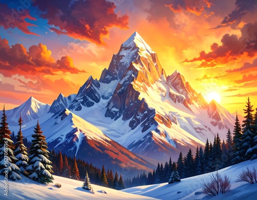 Snowy mountain peak at vibrant sunset