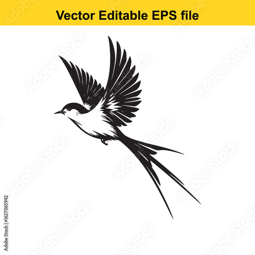 Vector art of black and white swallow flying isolated on white background long horn, , long horn