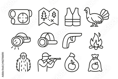 Hunting and outdoor activities line icon set: equipment, camping, wildlife, tools