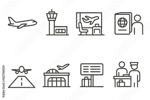 Travel essentials outline icon set. airport, passport, baggage, plane outline icons