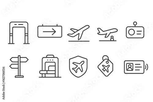 Travel and tourism icon set: outline style for trip planning and vacation