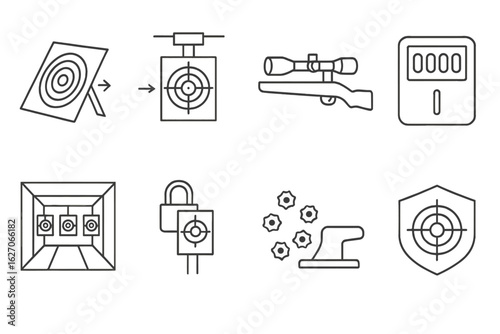 Shooting targets line icon set. sniper equipment, precision aiming icons collection