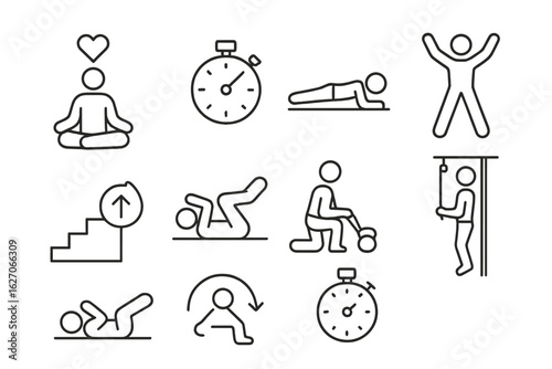 Fitness and exercise outline icon set. yoga, workout, training symbols in line style