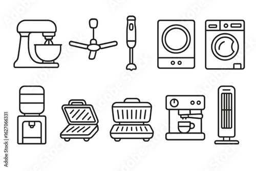 Home appliances line icon set. mixer, fan, washer and kitchen tools outline collection