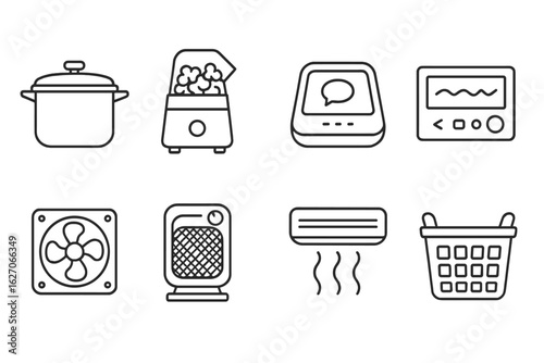 Home appliances icon set. kitchen, electronics, heating line style collection
