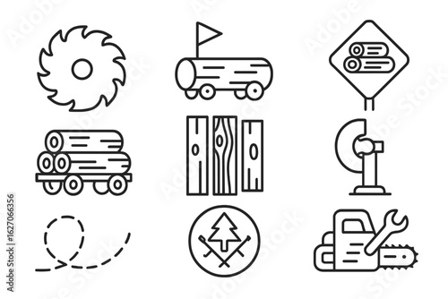 Lumberjack, forestry line icon set. logging and tree cutting outline graphics