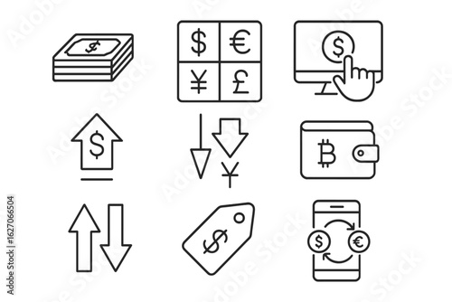 Currency exchange line icon set. money, finance, trade, commerce, business icons