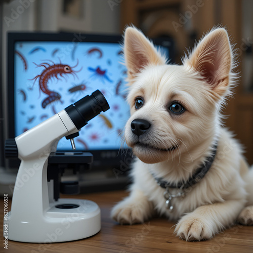 Cute dog and illustration of helminths under microscope at home. Parasites in animal