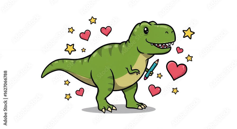 Fototapeta premium Cartoon dinosaur illustration with hearts and stars isolated on white background