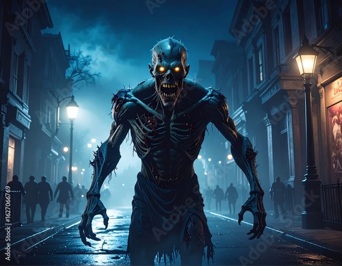Nightmarish zombie in a city street