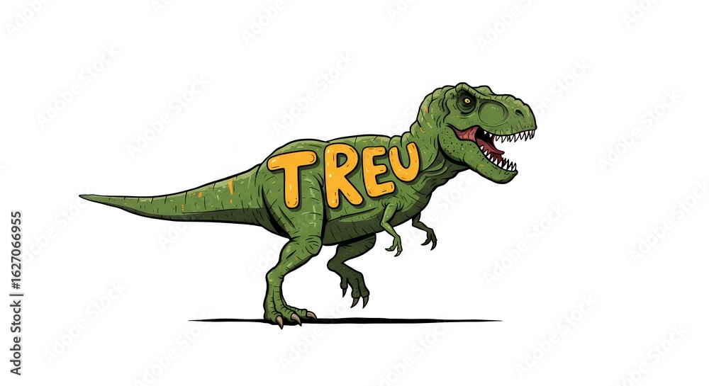 Naklejka premium Cartoon illustration of a green dinosaur with the word treu on its body against a white background