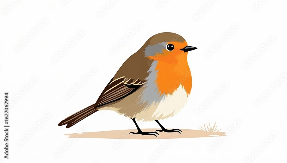 Fototapeta premium Illustration charming robin bird. Cute wildlife animal drawing with red breast. Simple nature artwork design. Ideal for children books, educational materials, website blogs, design elements.