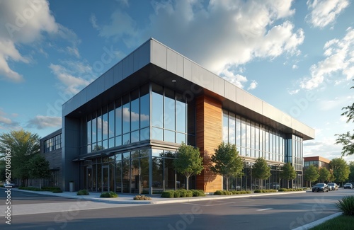 Wallpaper Mural Modern commercial building featuring glass facade with wood accents, metal panels. Structure offers clean, pro design with large windows reflecting cloudy blue sky. Ideal for business, corporate, Torontodigital.ca