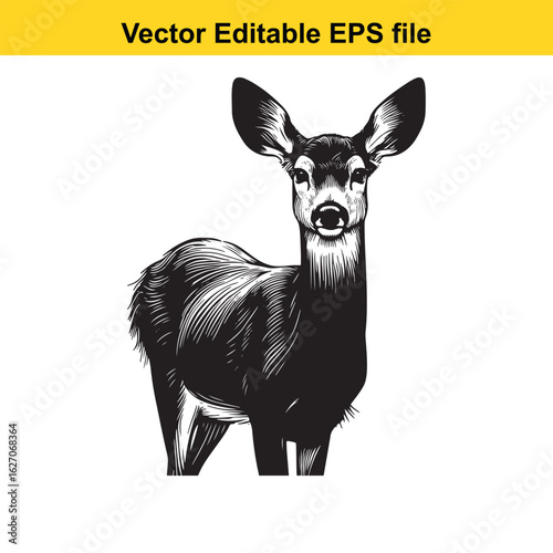 Vector art of closeup black silhouette of a deers face on white background long horn, , long horn