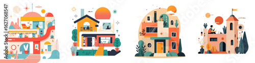 Colorful illustration of various houses in modern flat design style  