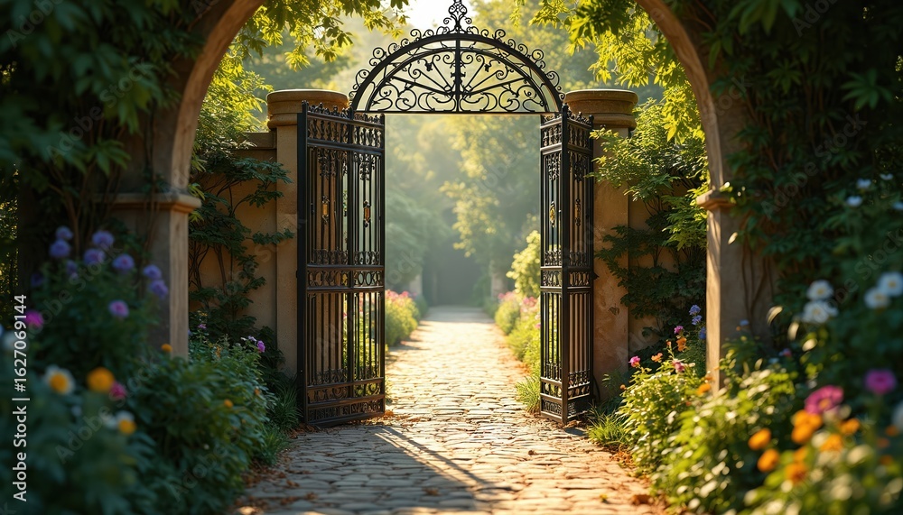 Fototapeta premium Ornate iron gate opens to sunlit garden path. Cobblestone walkway lined with green foliage, colorful blooming flowers. Plants archway creates serene, magical entrance to secret paradise escape.