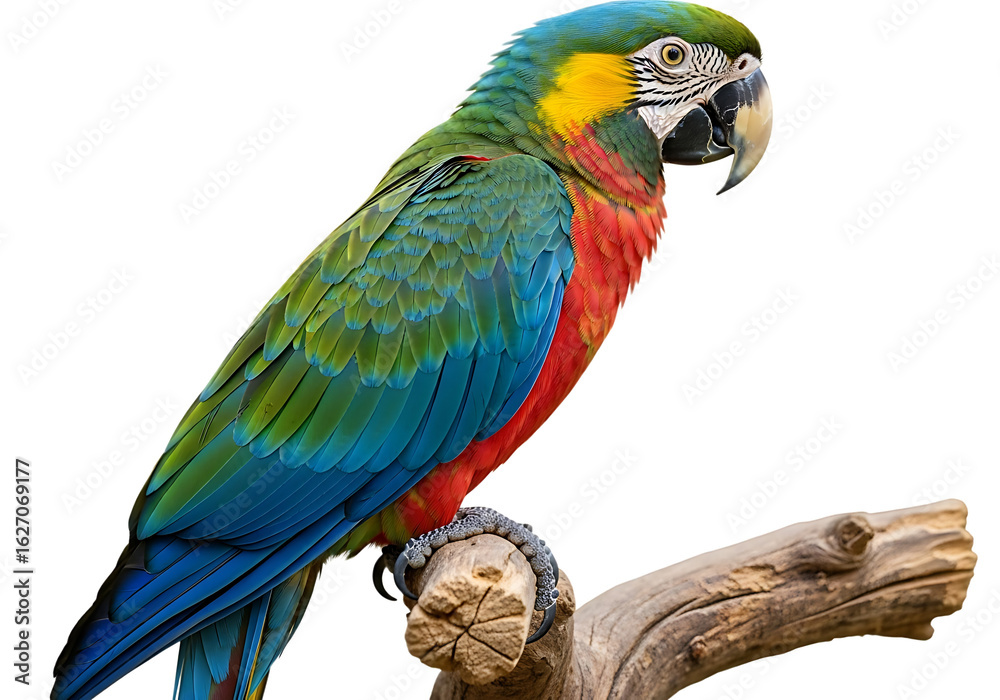 Fototapeta premium Colorful macaw perched on a branch against a black background isolated on a transparent background parrot