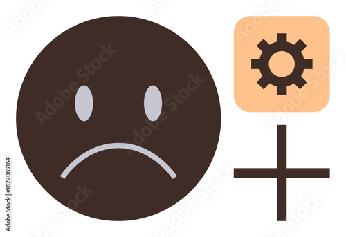 Sad face indicating dissatisfaction paired with a gear icon and plus sign symbolizing solutions, progress, and adjustments. Ideal for feedback, innovation, technical fixes, teamwork, problem-solving
