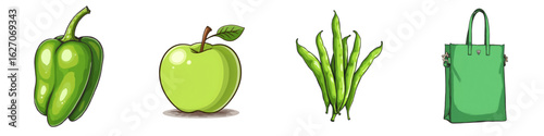 Green bell pepper, apple, green beans, and tote bag in illustration  