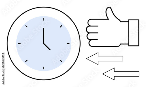Clock face beside thumbs-up sign and two arrows pointing opposite directions, symbolizing time management, decision-making, productivity, feedback, efficiency, scheduling, simple landing page