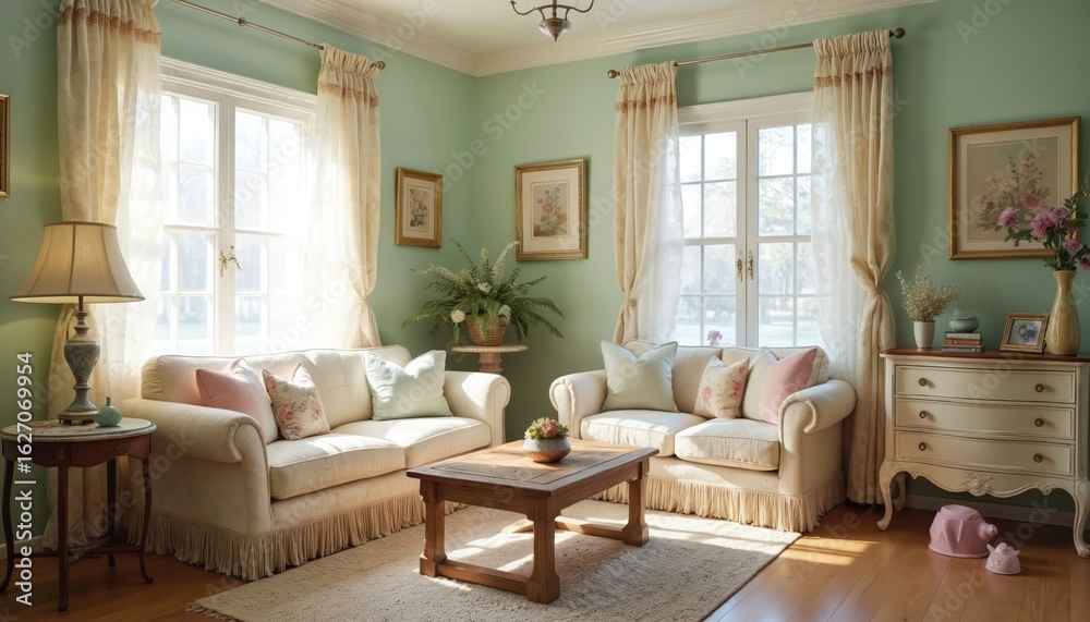 Fototapeta premium Shabby chic living room offers comfortable seating with vintage elements, pastel tones. Two cream sofas with floral pillows complement rustic wooden coffee table. Natural light streams through large