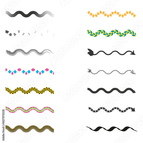 Wave set icon. Harmonic flow symbol. Diverse vector pattern. Black background art.