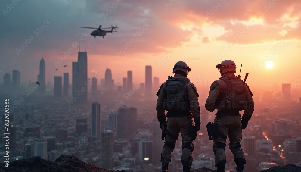 Fototapeta premium Two soldiers stand on rocky outcrop overlooking city skyline at sunset. Helicopter flies in hazy sky. Scene suggests strategic operation mission, emphasizing teamwork, planning, readiness for action
