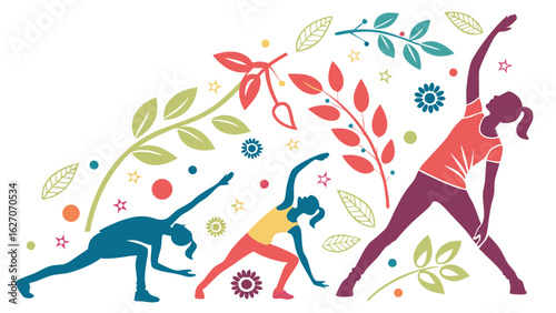 Group of Women Engaged in Yoga Pose with Colorful Floral Patterns in Background