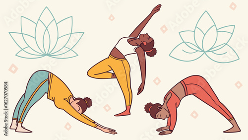 Three Women Practicing Various Yoga Poses with Lotus Flowers in Background